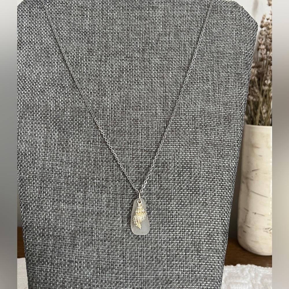 Seaglass with seashell pendant necklace
